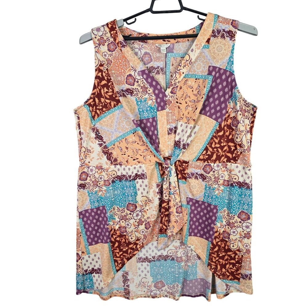 Womens Cato Multicolor Patchwork Sleeveless Top Tie Front Polyester Size 18/20W